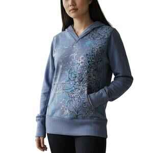 Y2K Maurices Blue Floral Graphic Hoodie Women Sz Medium Tube Sleeve Grunge Layer